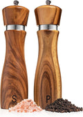 Wooden salt and pepper grinder set with metal tops, marked S and P, plus salt and peppercorns