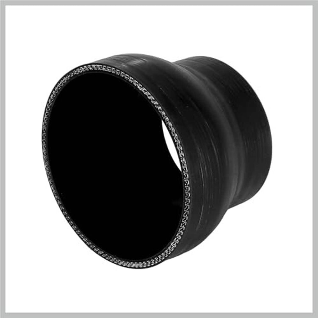 Black silicone reducer coupler close-up, flared opening with reinforced rim stitching