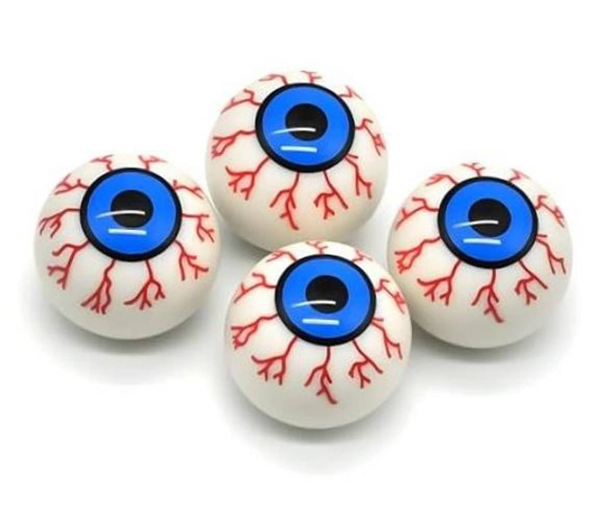 4-pack white eyeball valve caps with red vein pattern and blue ringed eye pupils
