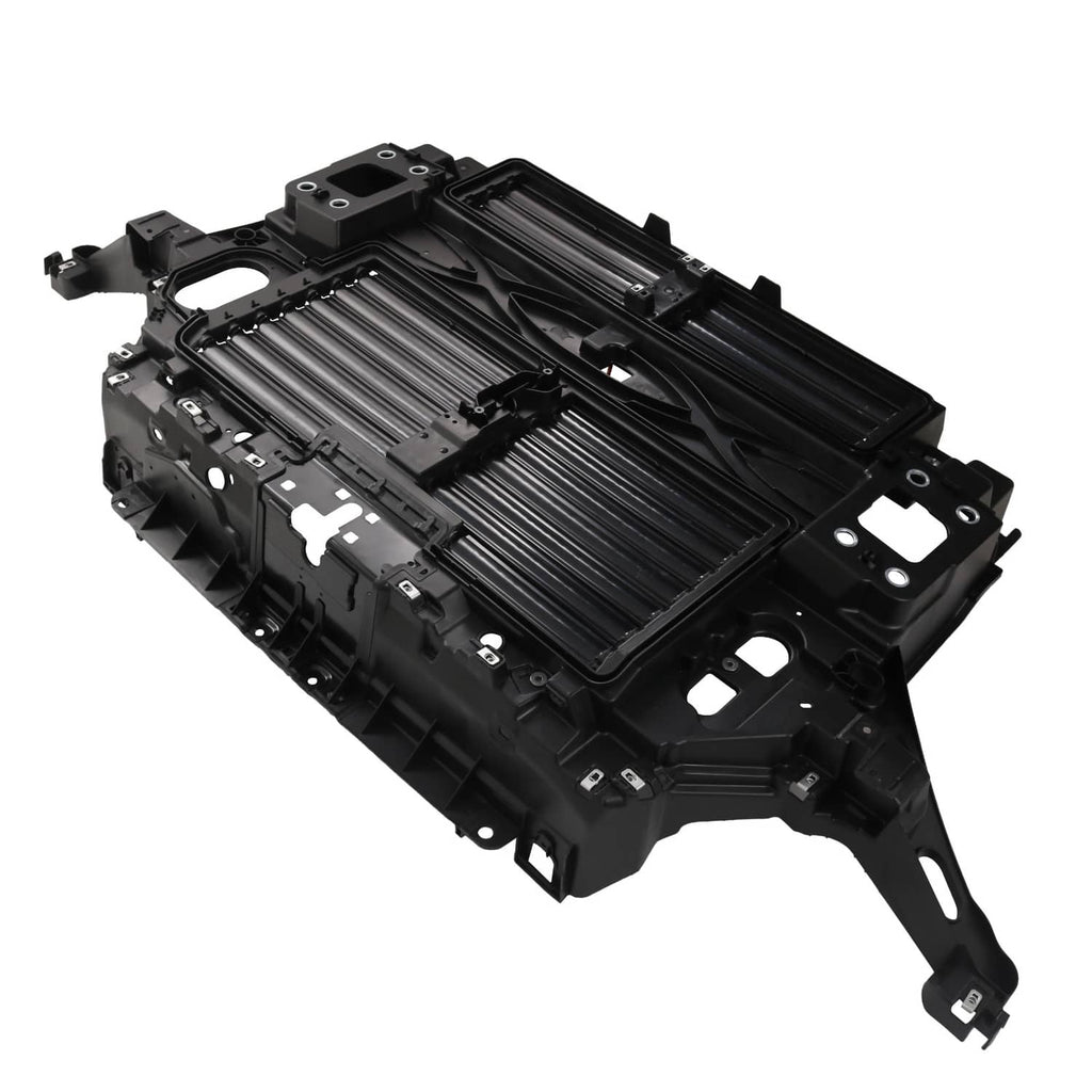 Active grille shutter motor assembly with black housing and louvered grille panels