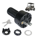 Black 2-terminal ignition key switch with mounting bracket, two keys, and plastic rings