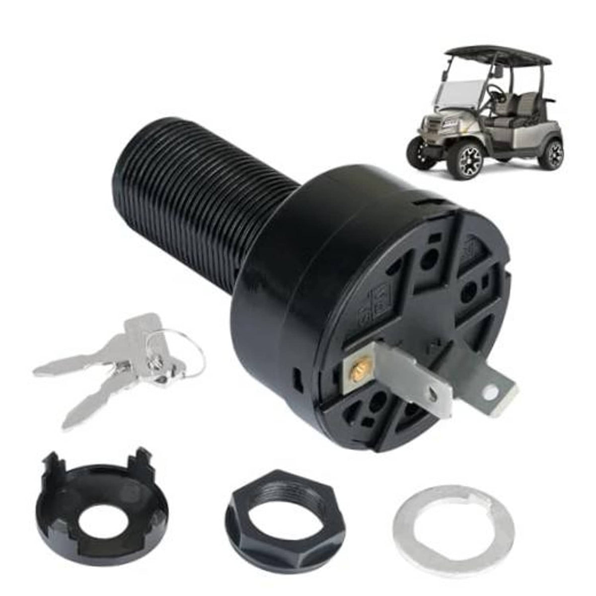 Black 2-terminal ignition key switch with mounting bracket, two keys, and plastic rings