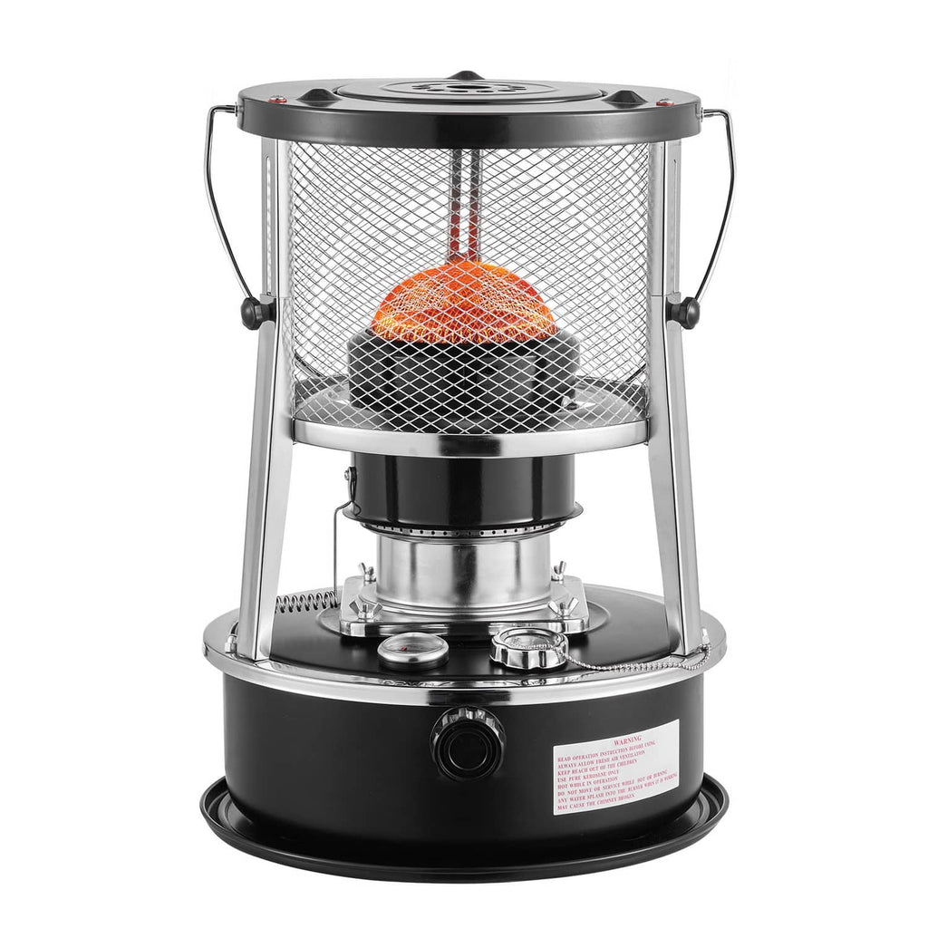 Portable kerosene heater with wire mesh guard and black base, top burner vented