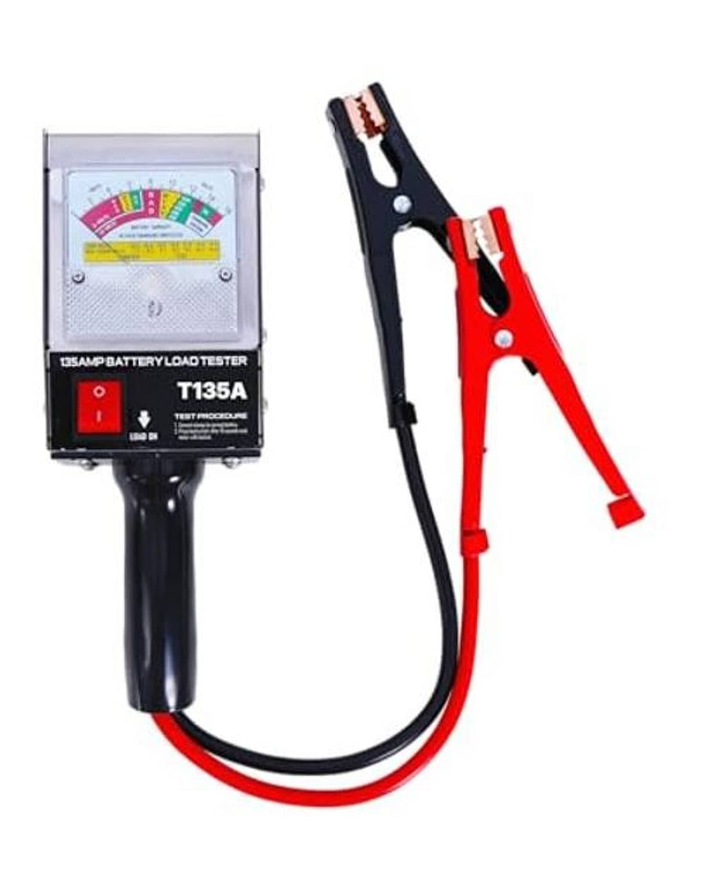 Battery load tester tool with analog dial and two clamp connectors, red and black