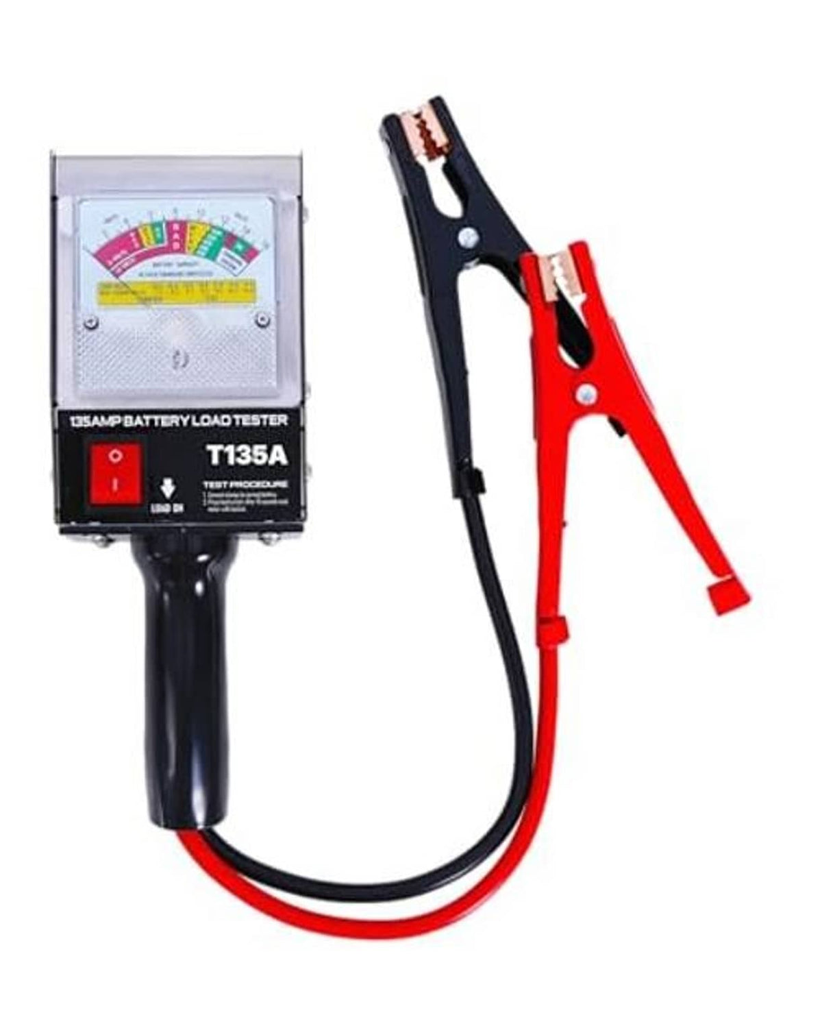 Battery load tester tool with analog dial and two clamp connectors, red and black