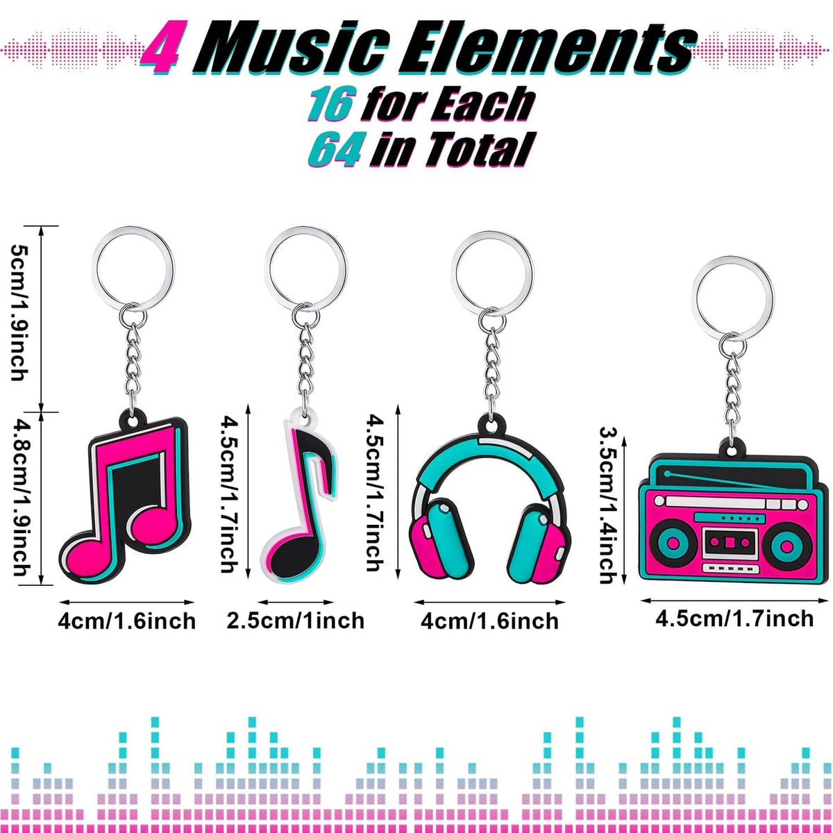 Music keychain charms set with note, headphones, and boombox designs; size view