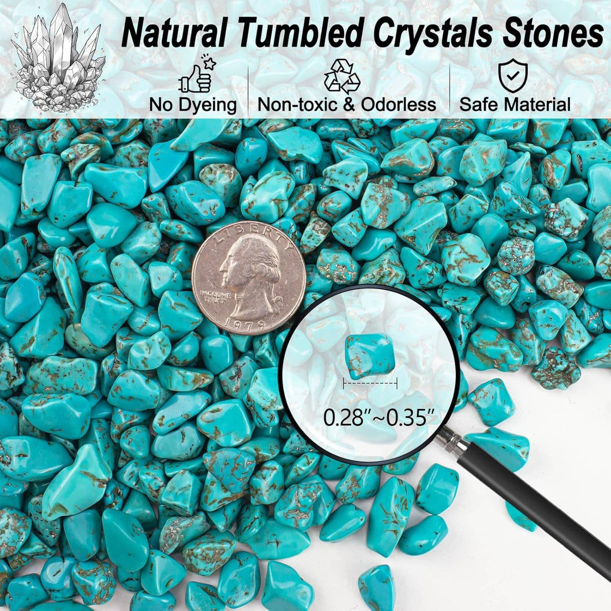 Turquoise howlite crystal chips with coin for scale and magnifying glass over the pile