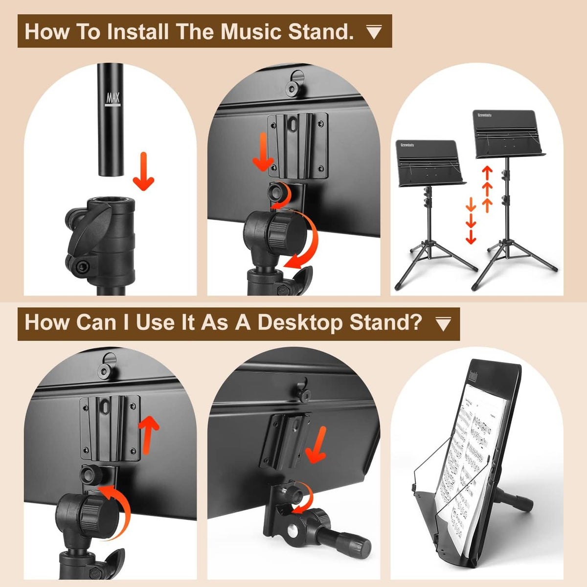 Black music stand with clamp and adjustable column for mounting the music rest