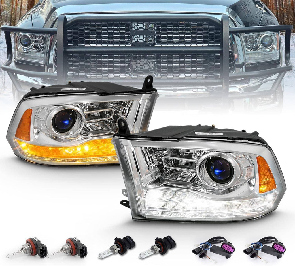 Chrome projector headlight with amber side marker and black housing