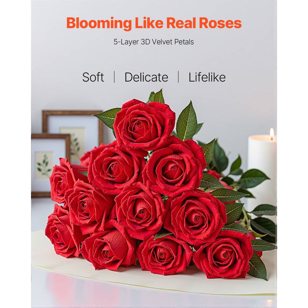 Red artificial rose bouquet with green leaves arranged in a vase