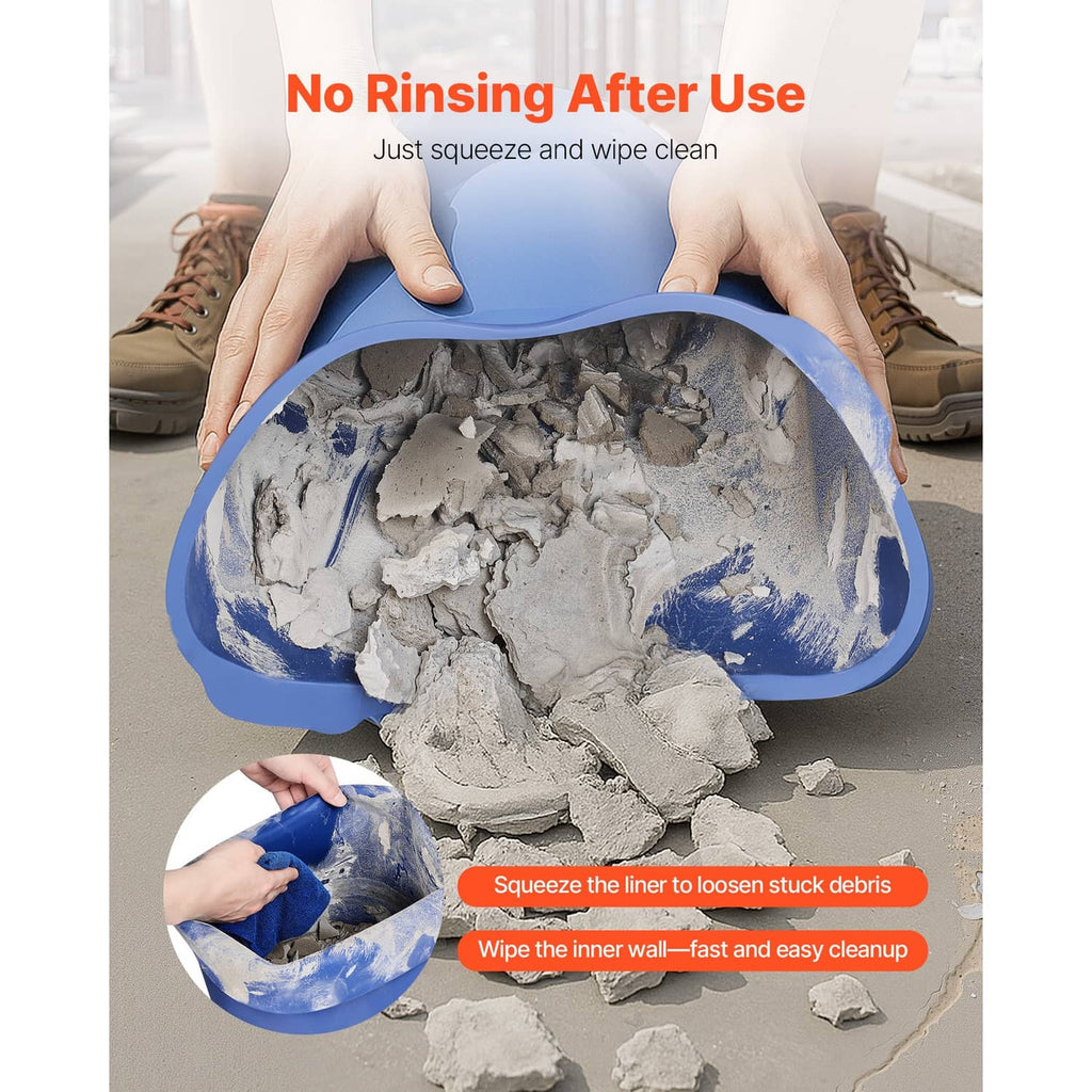 Blue silicone mixing liner used inside a bucket, smooth interior with debris