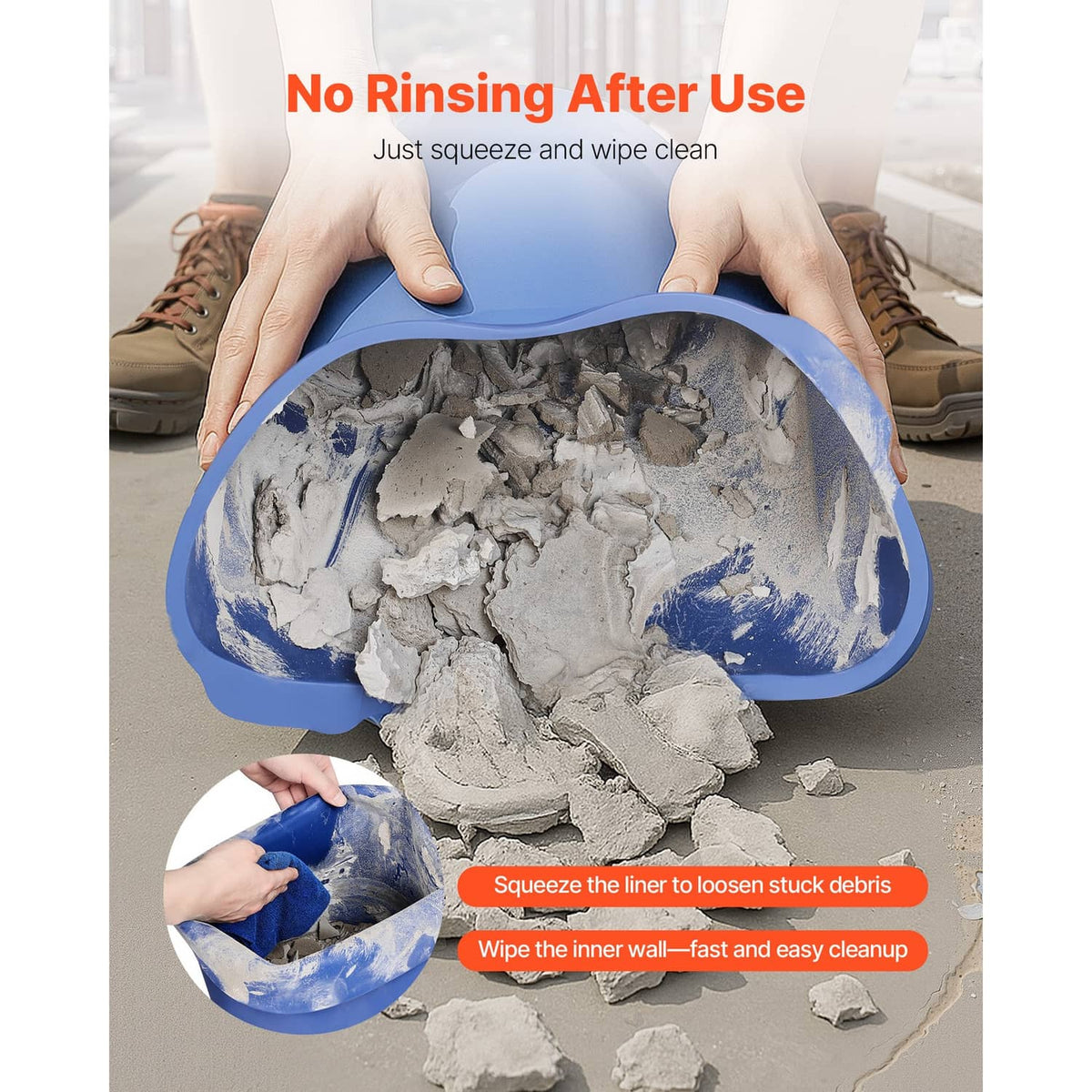 Blue silicone mixing liner used inside a bucket, smooth interior with debris