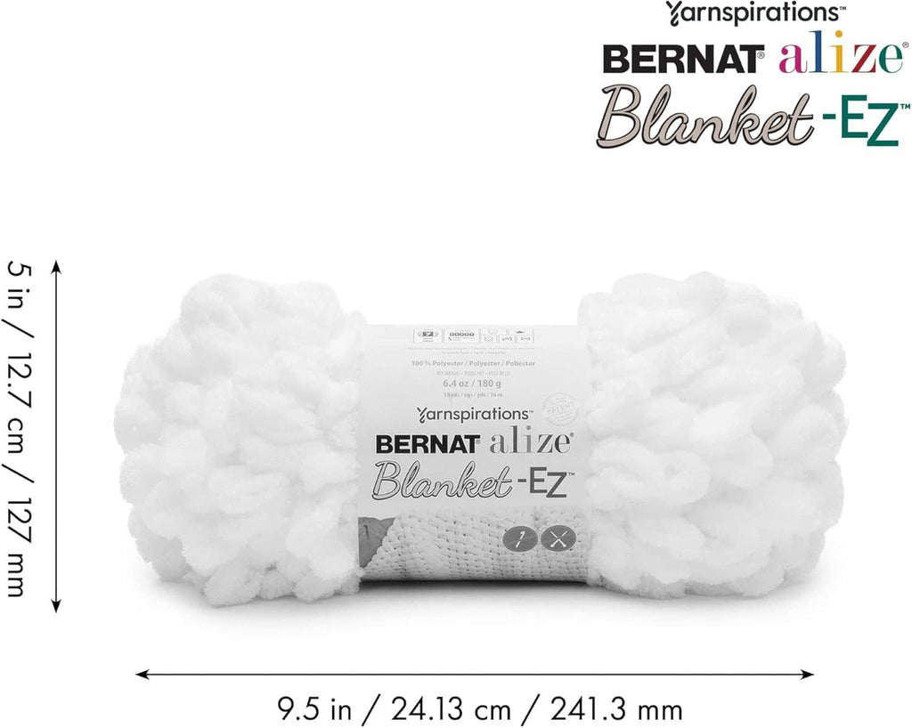 White Bernat Alize Blanket-EZ jumbo yarn pack with label and bobble texture