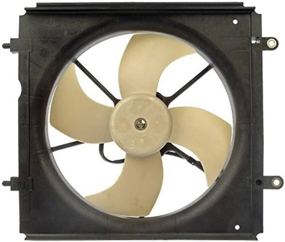 Black shroud engine cooling fan with beige blades and circular center hub