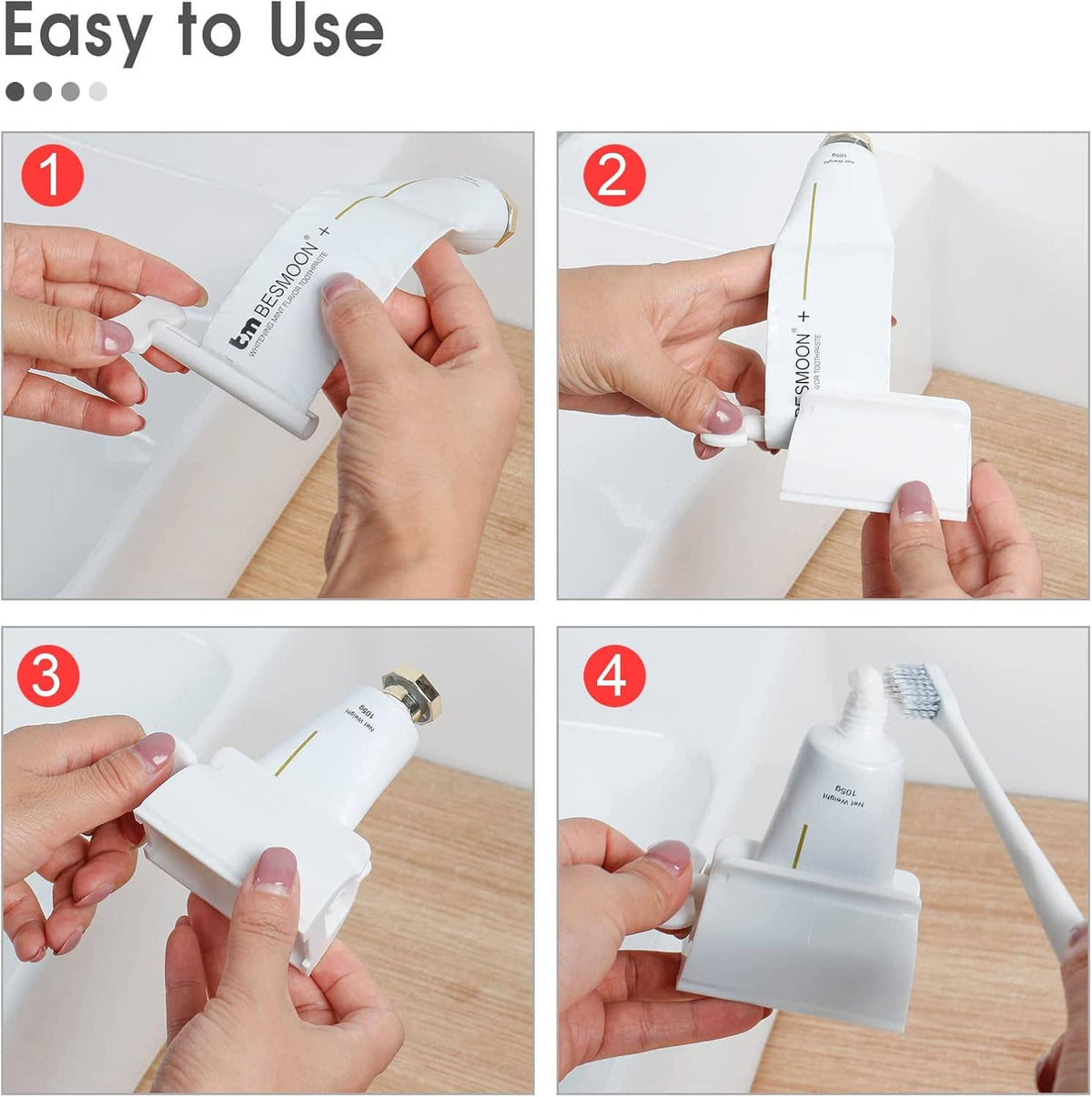 Toothpaste tube squeezer shown in hands, applying to a white tube holder