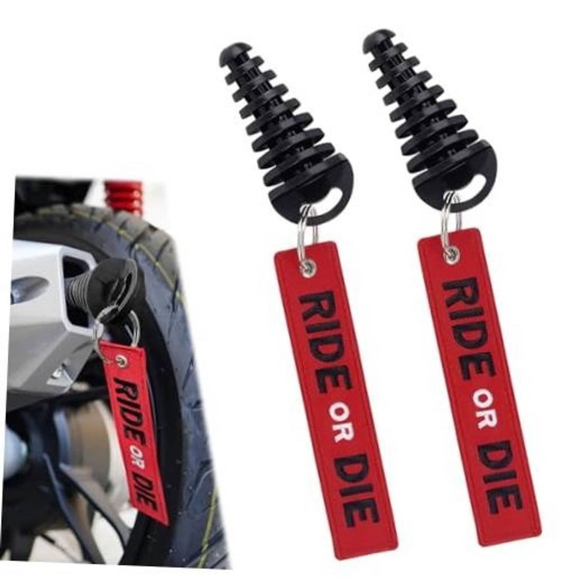Two black dirt bike exhaust wash plugs with red 'RIDE OR DIE' keychain tags