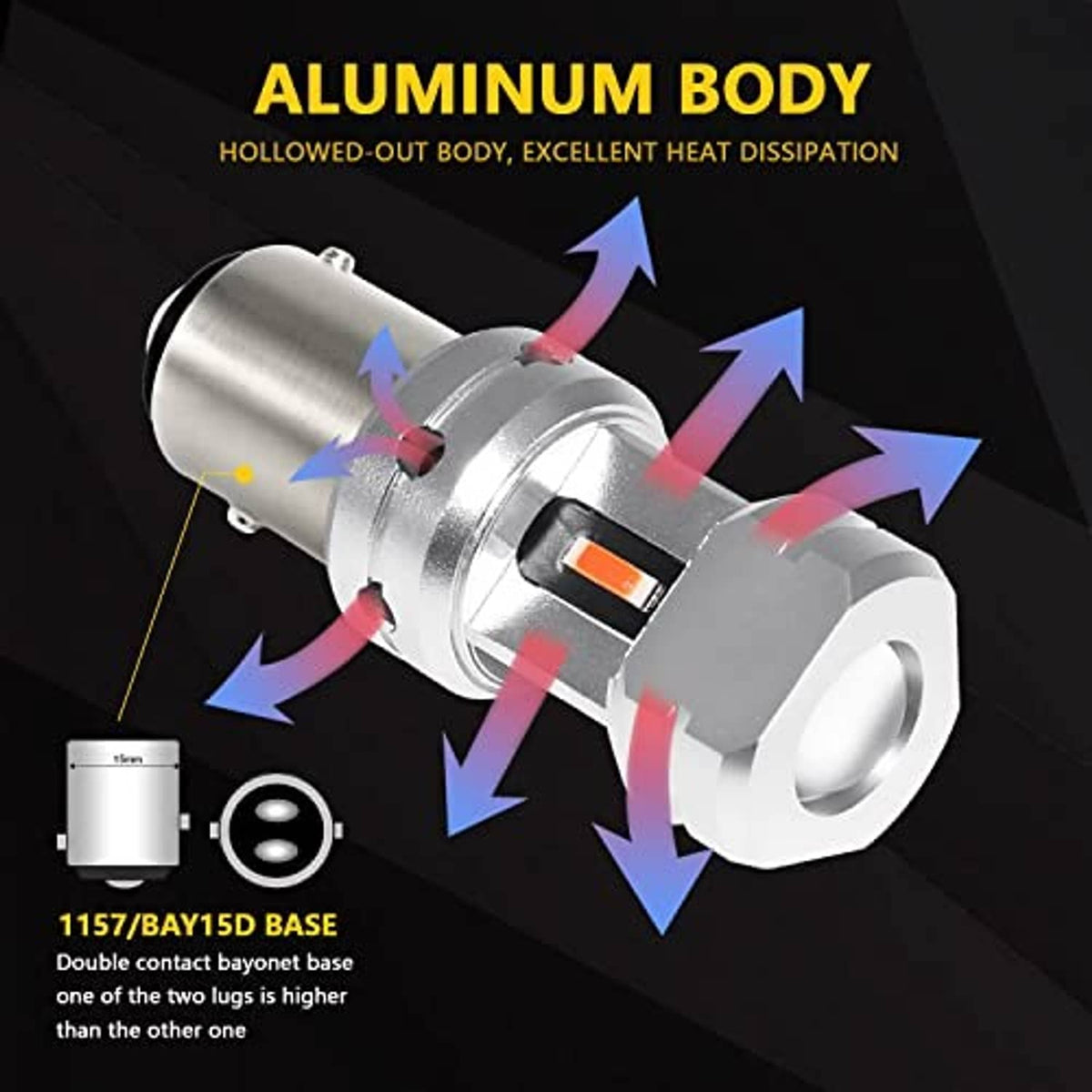 Aluminum-bodied LED brake light bulb with red-lit LED module and cooling fins