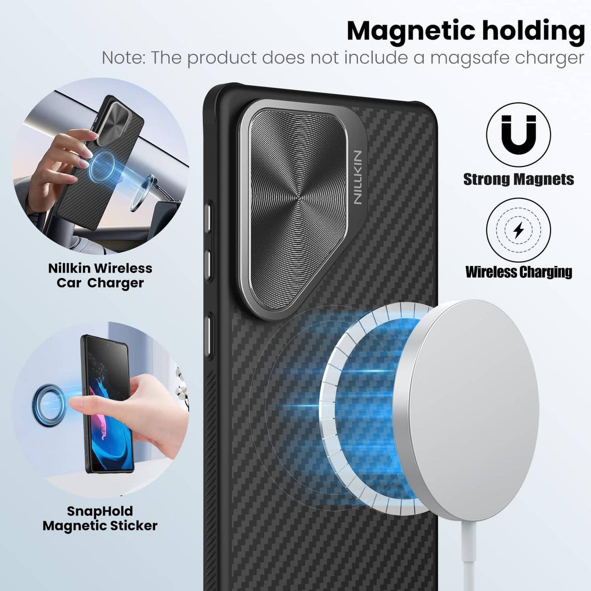 Black phone case with magnetic camera cover; flat back for wireless charging