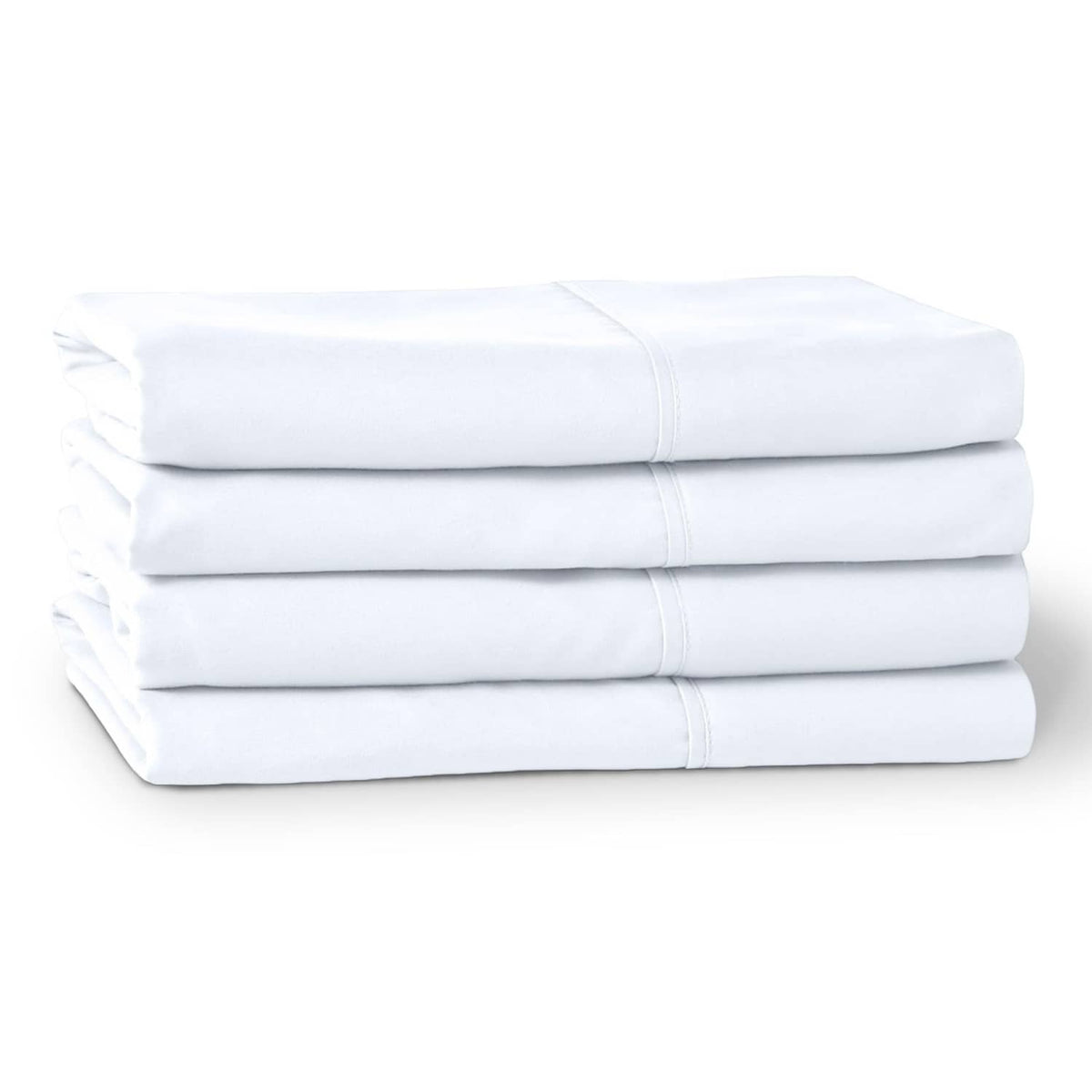 Stacked white standard pillowcases with stitched borders and folded fabric layers