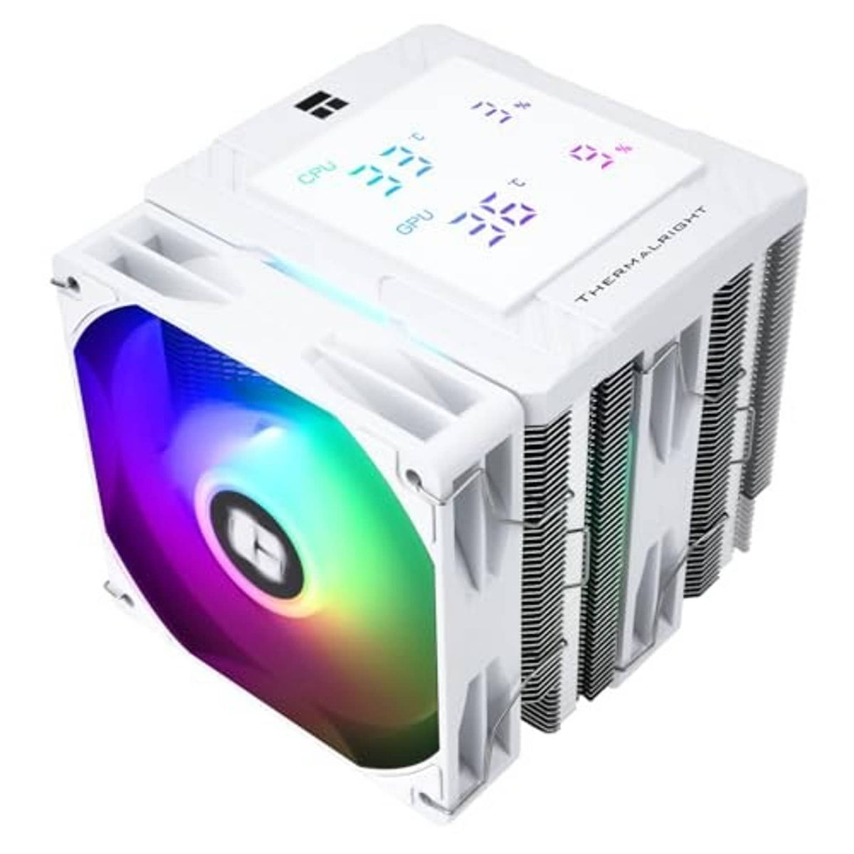 White dual-tower CPU cooler with glowing ARGB fan and fin stack