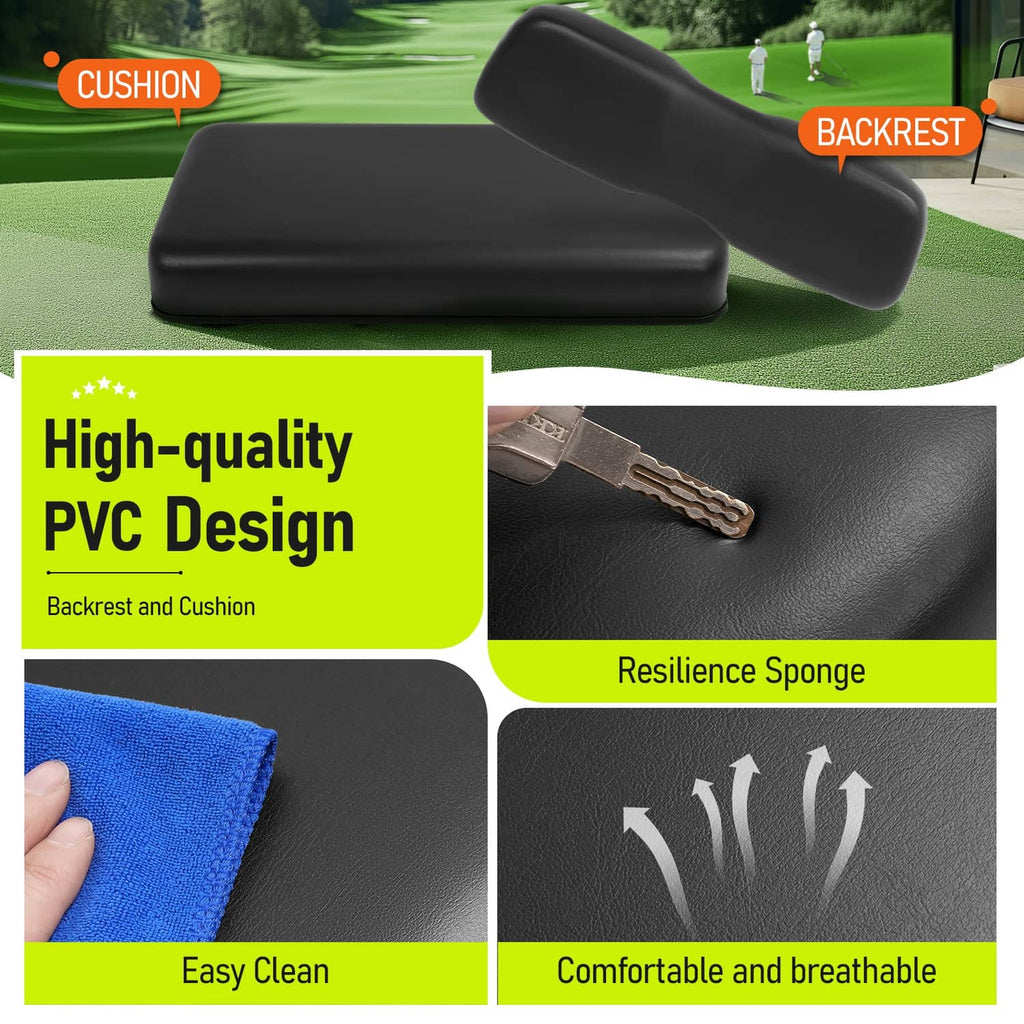 Black PVC-style seat cushion and backrest with detail close-up