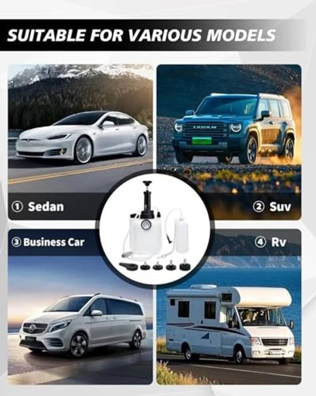Brake bleeder kit shown for sedan, SUV, business car, and RV applications