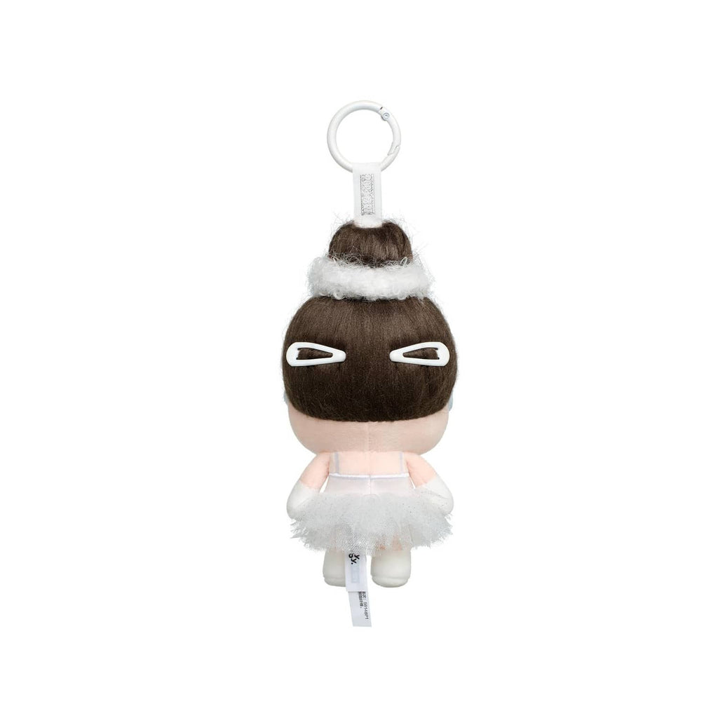 Plush keychain pendant with dark hooded hair, white outlined eyes, fluffy white outfit
