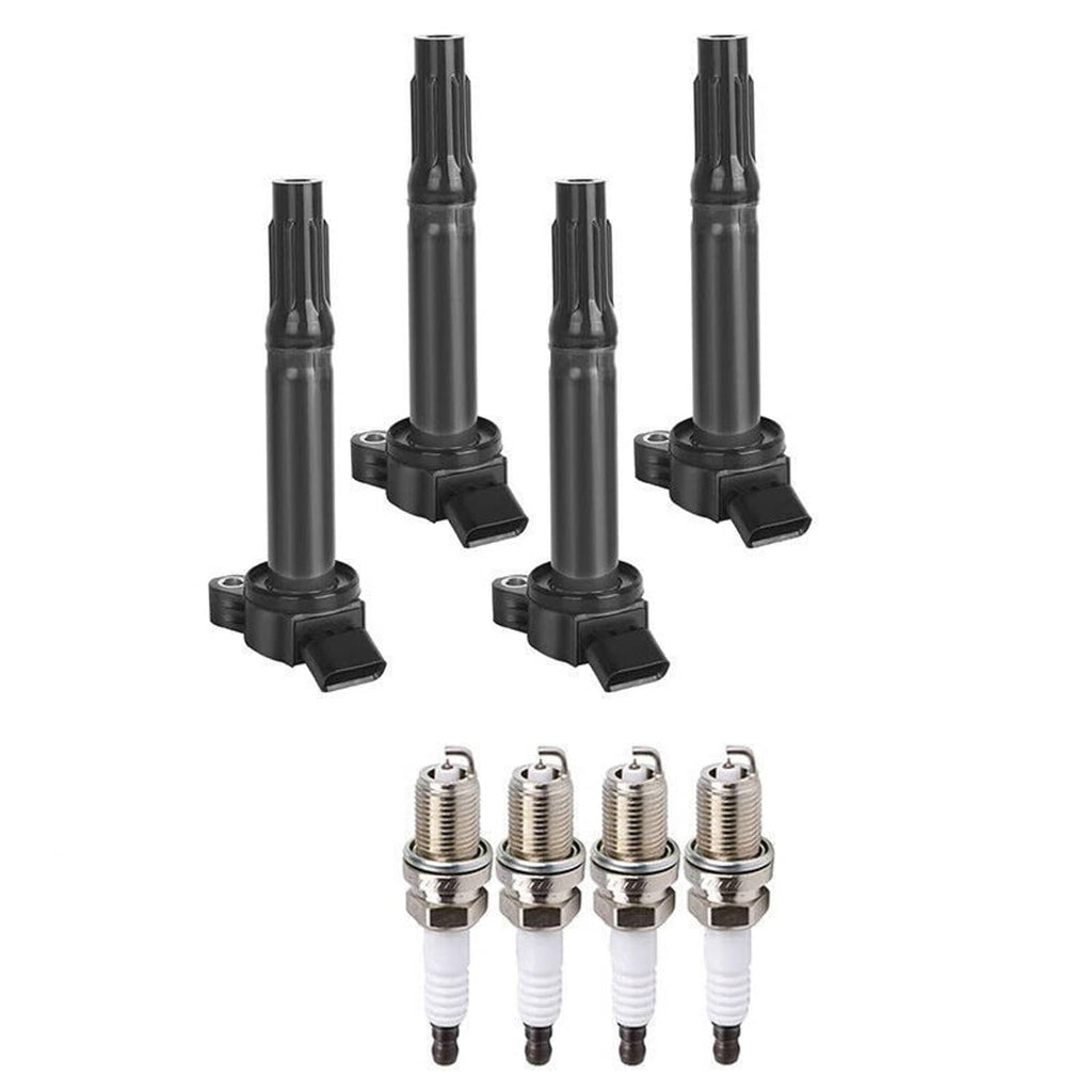 Ignition coil set showing 4 black coils and 4 spark plugs