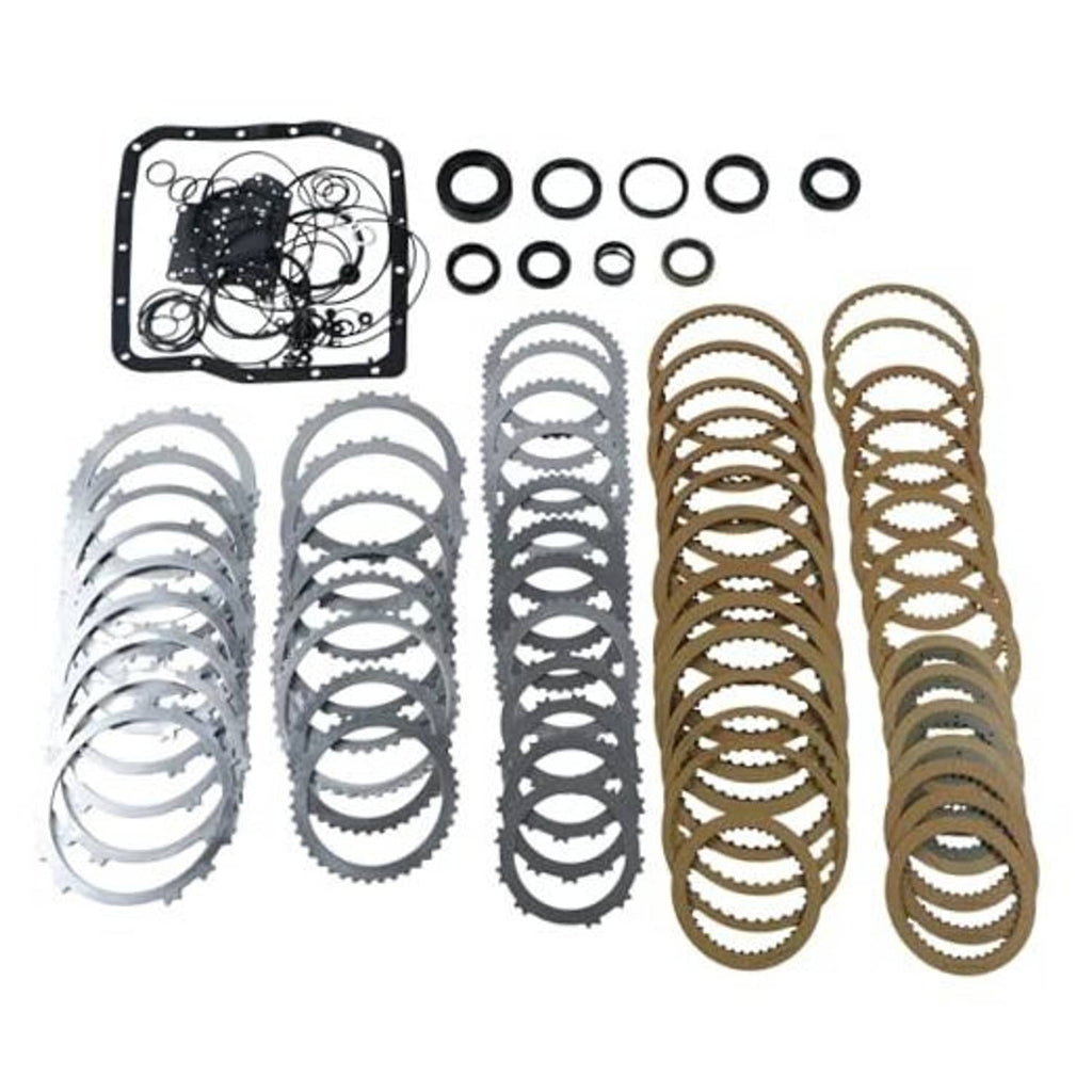 Transmission rebuild kit parts set with gasket, O-rings, and assorted friction plates