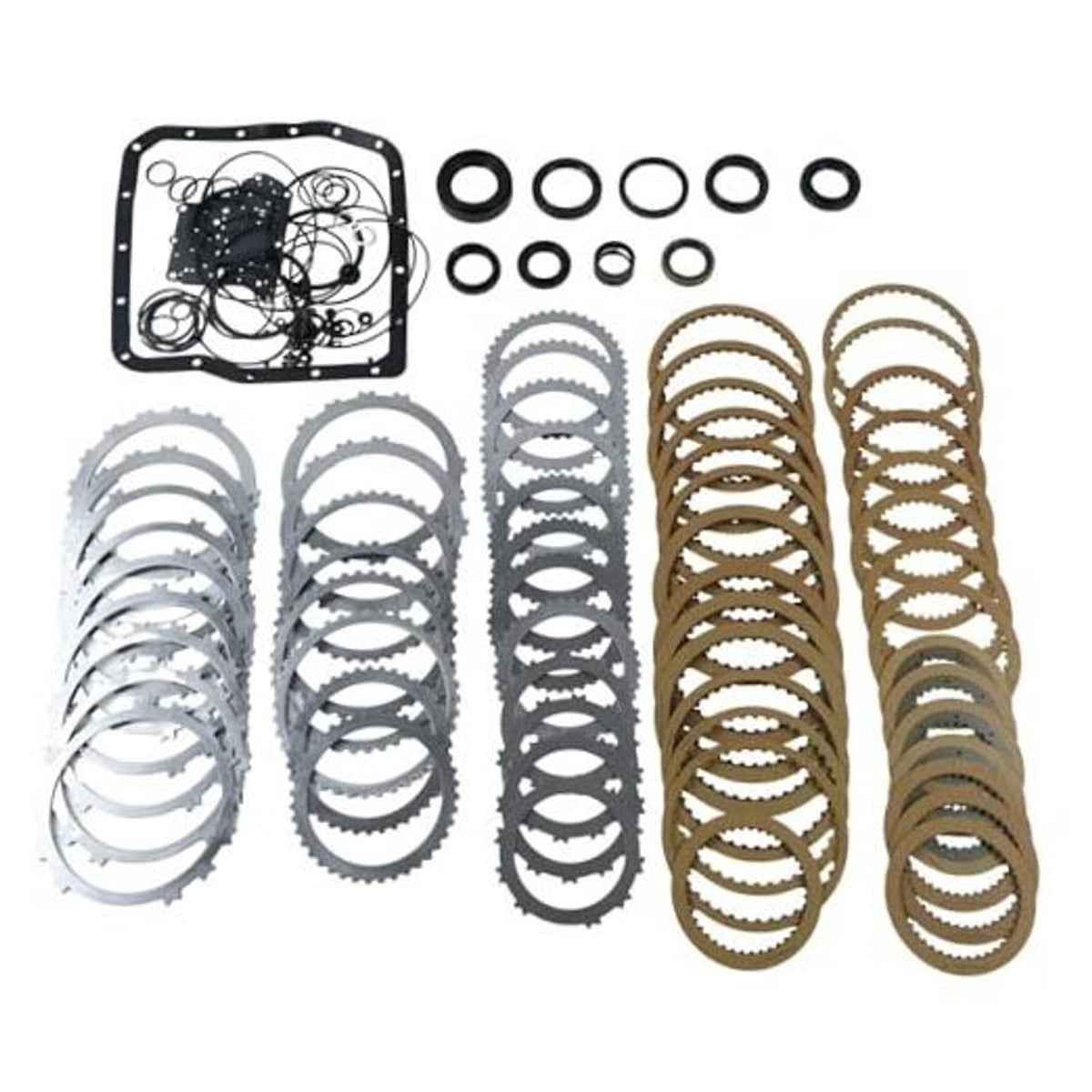 Transmission rebuild kit parts set with gasket, O-rings, and assorted friction plates