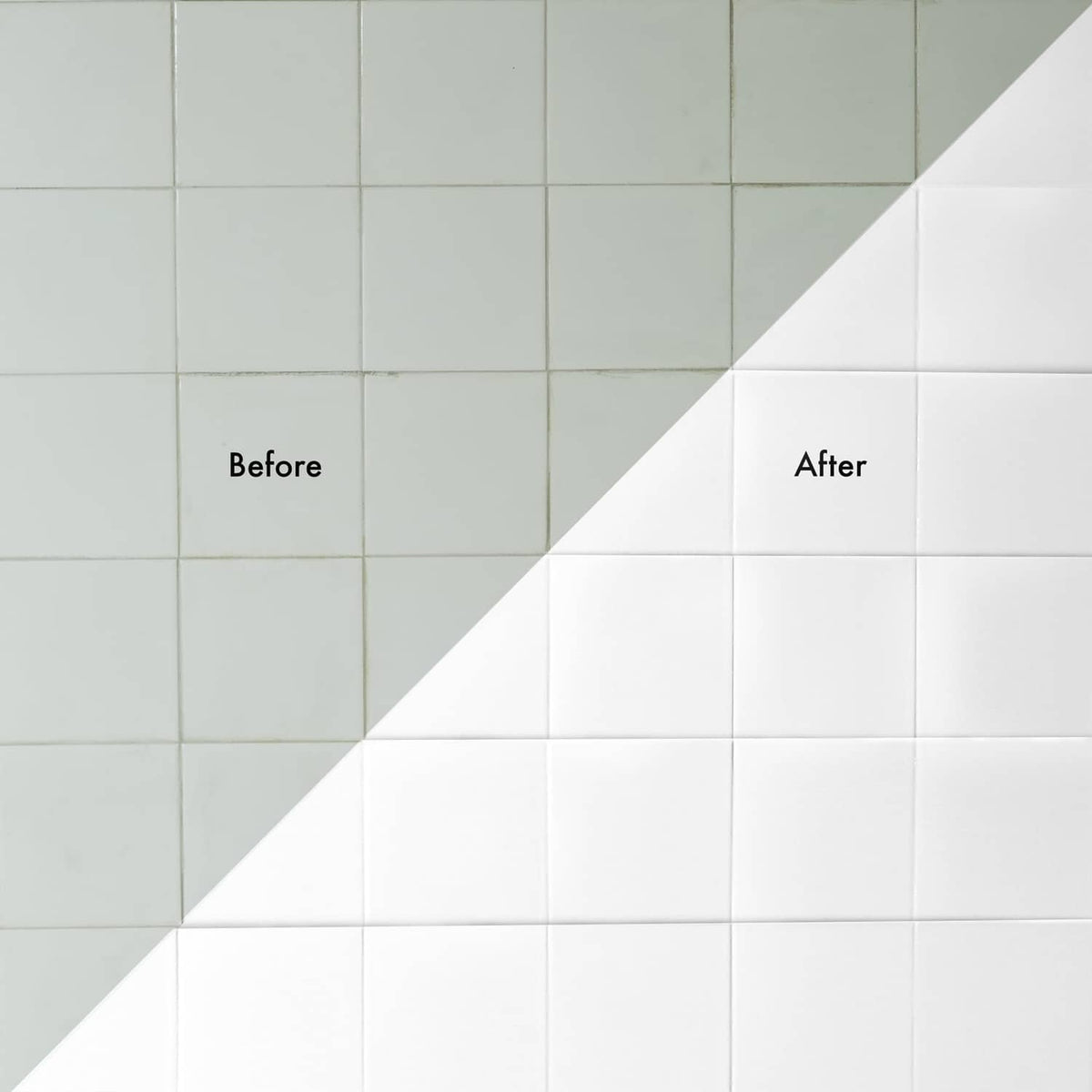 Gloss white tile coating on shower wall, before and after halves