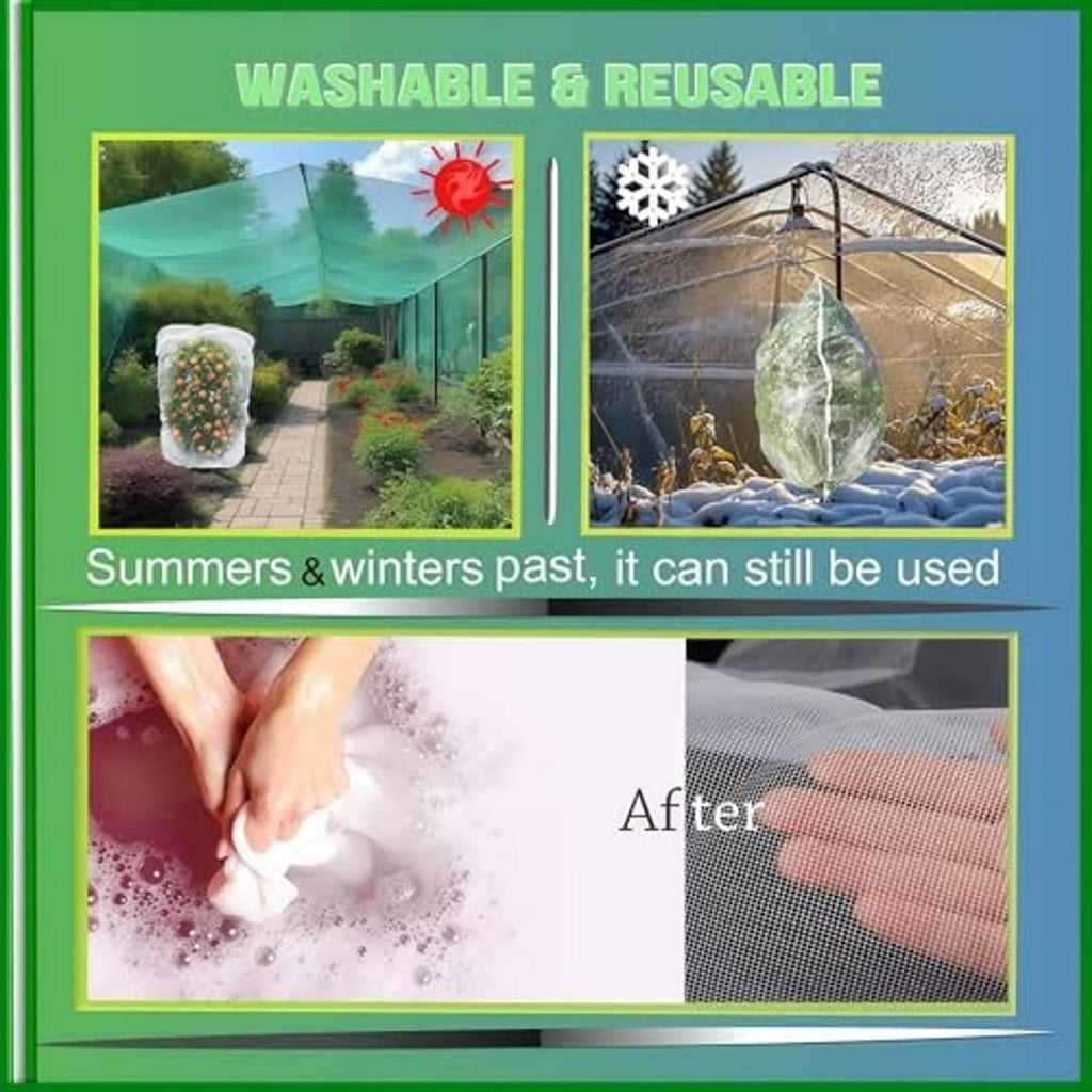 Washable and reusable garden netting cover shown folded and being cleaned
