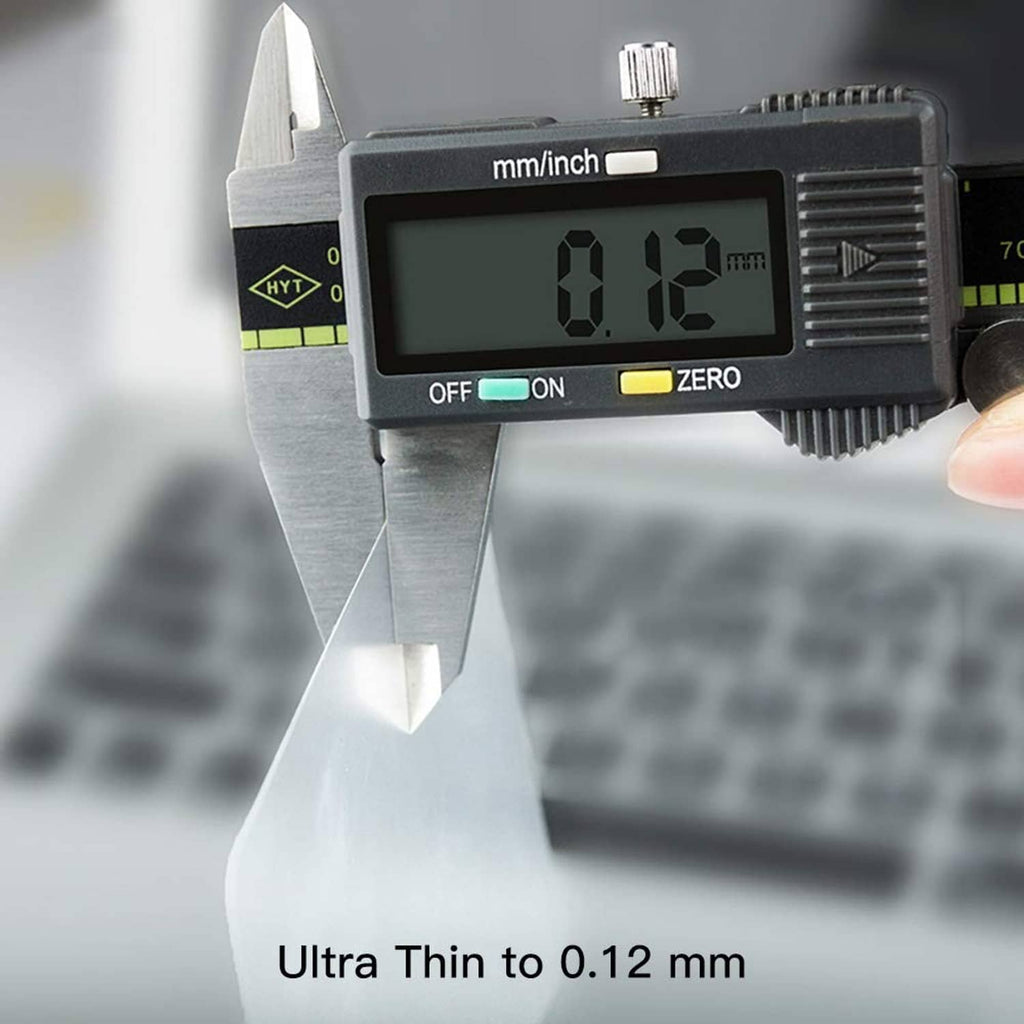 Clear trackpad protector film thickness gauge reading, ultra-thin 0.12 mm protector.