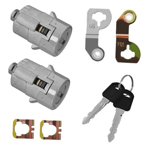 Gray door lock cylinder set with two keys and two replacement lock cores