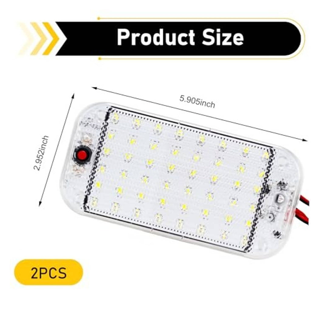 Rectangular car LED dome light with size measurements and red switch on clear casing
