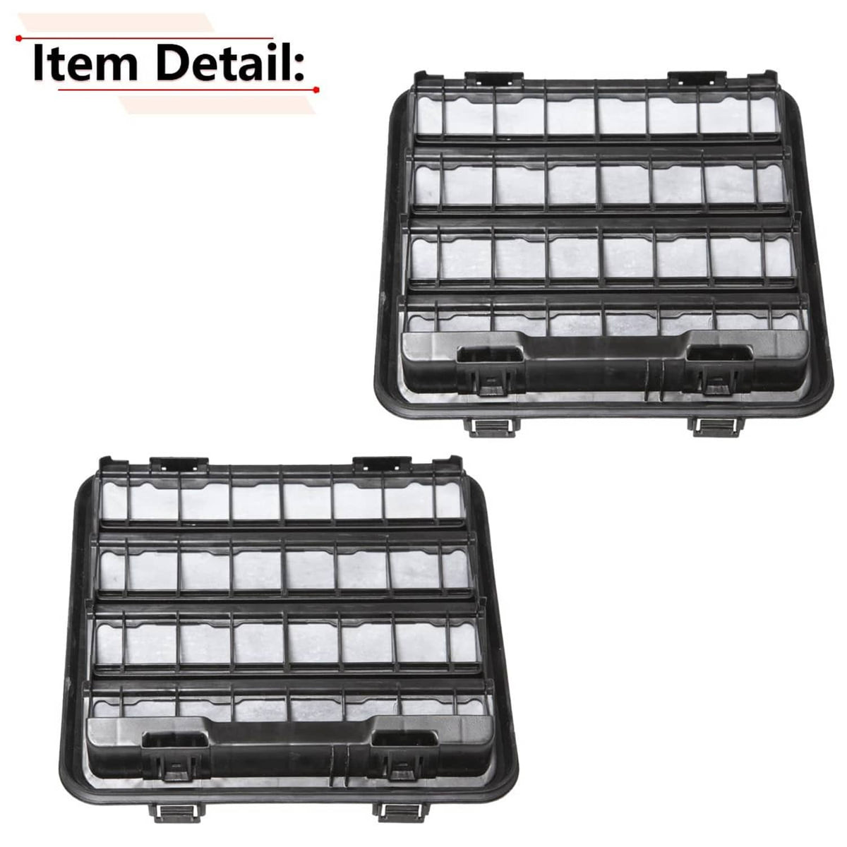 Two black vent covers showing multi-row grid slats and center bar detail