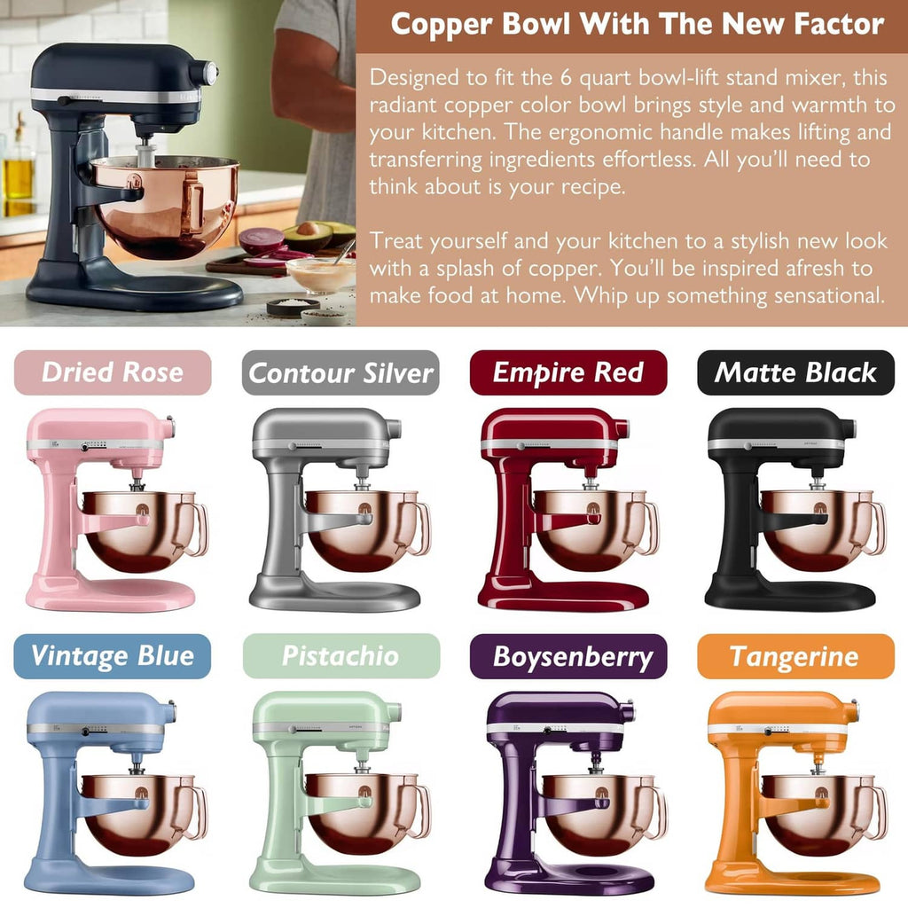 Copper mixing bowl on stand mixer, glossy copper exterior and metal rim