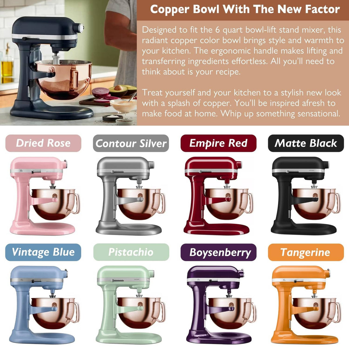 Copper mixing bowl on stand mixer, glossy copper exterior and metal rim