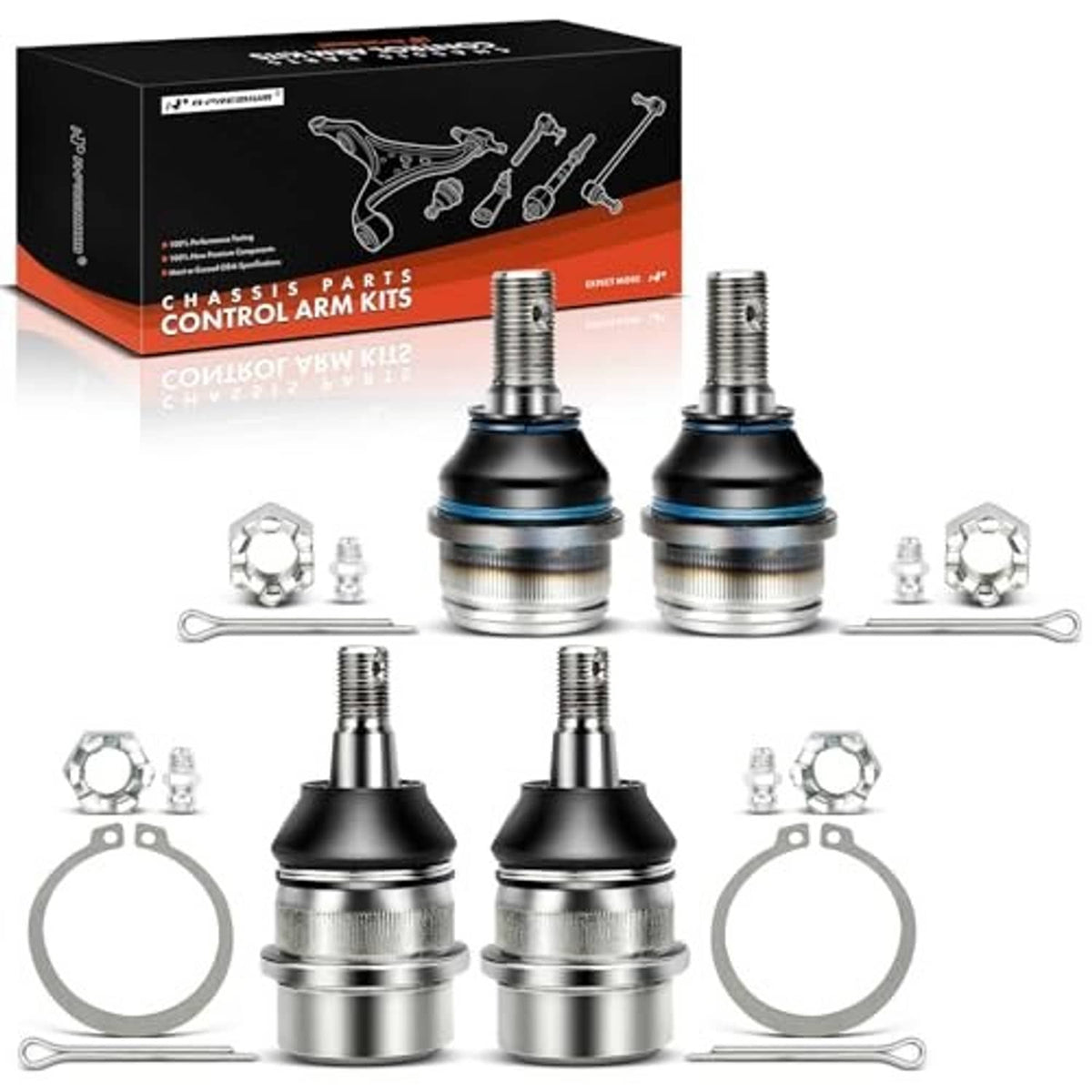 4-piece ball joint kit with two upper and two lower joints plus tools and rings