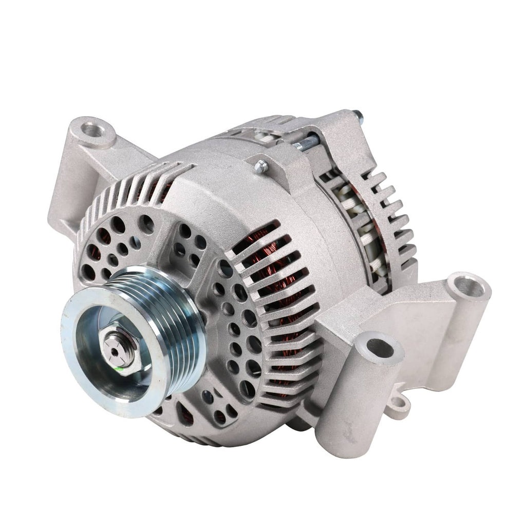 Front view alternator with threaded pulley hub, vented casing, and side mounting ear brackets