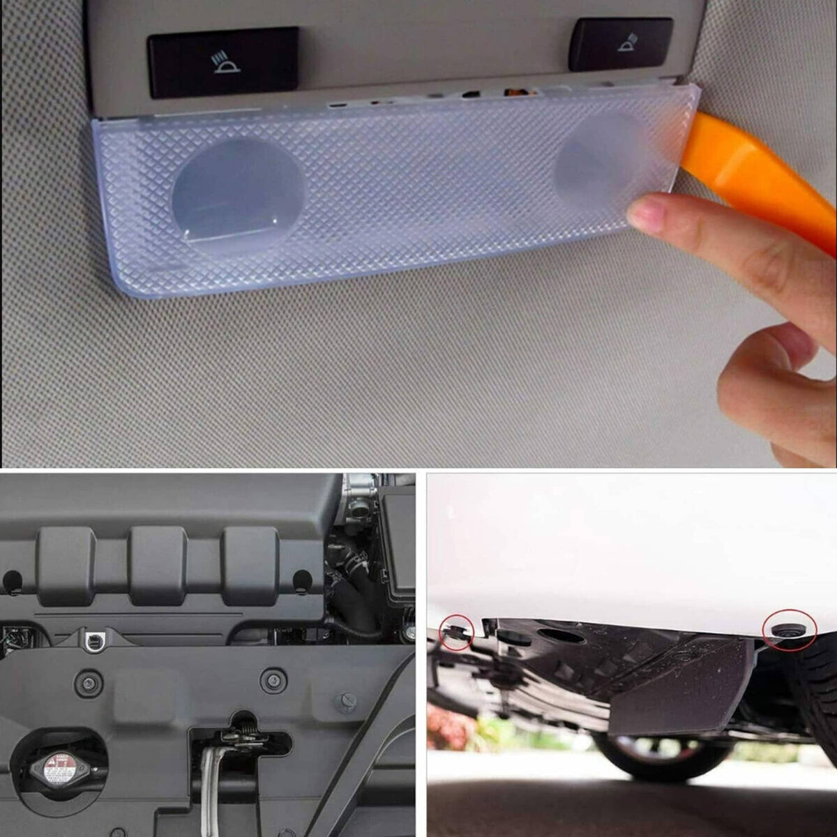 Black push-in trim retainer clip with pull-up tab, being inserted into car panel
