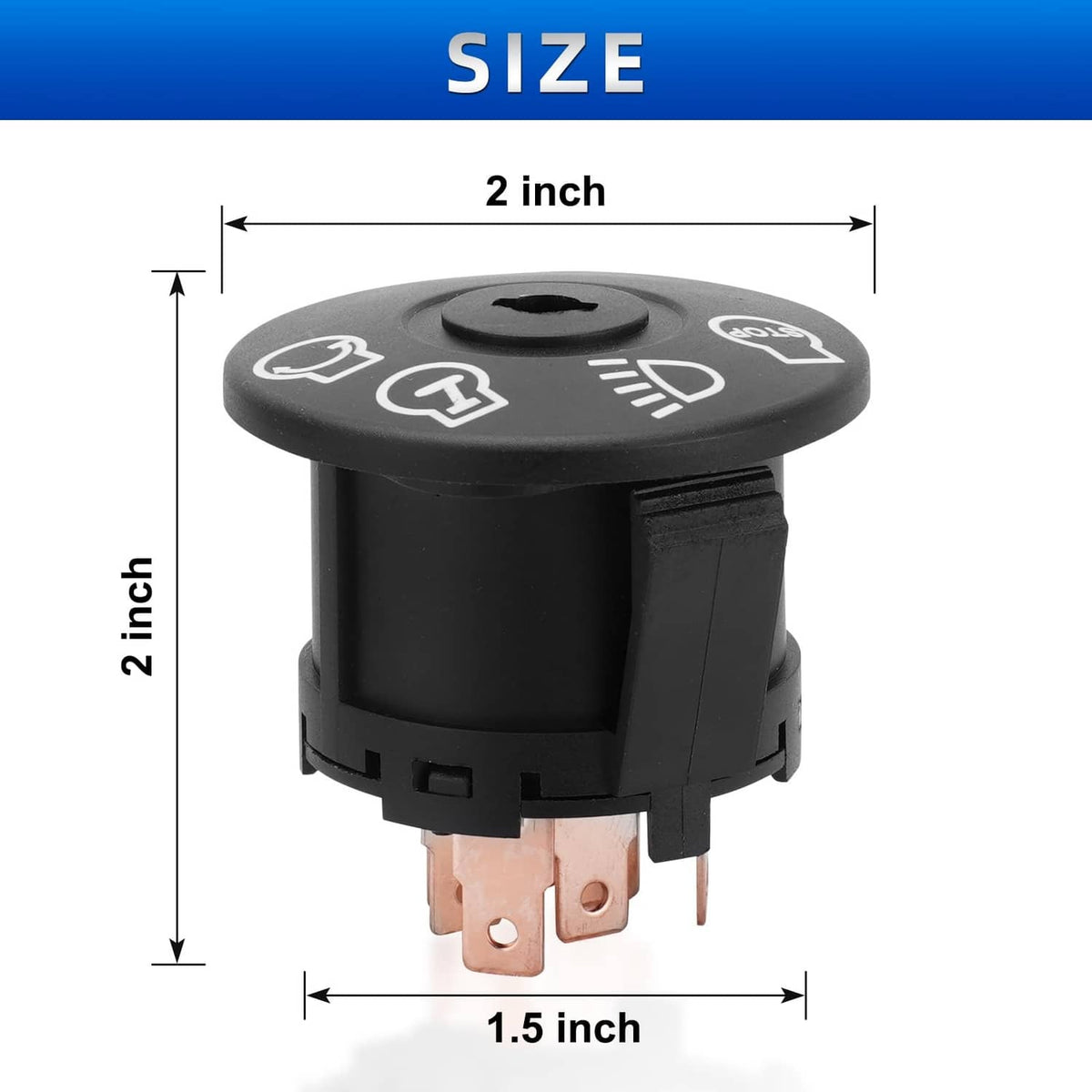 Black ignition switch dimensions, round top and 2-pin terminals