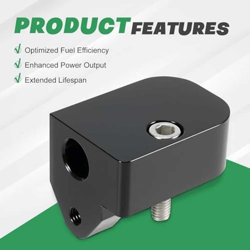 Black sensor spacer block with top mounting hole and side inlet port