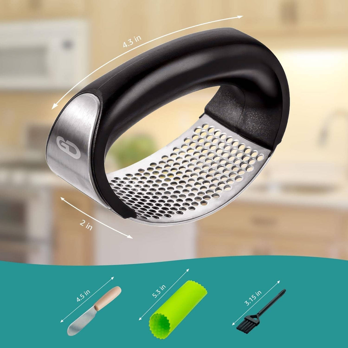 Black garlic press rocker with stainless steel perforated plate, close-up angled view