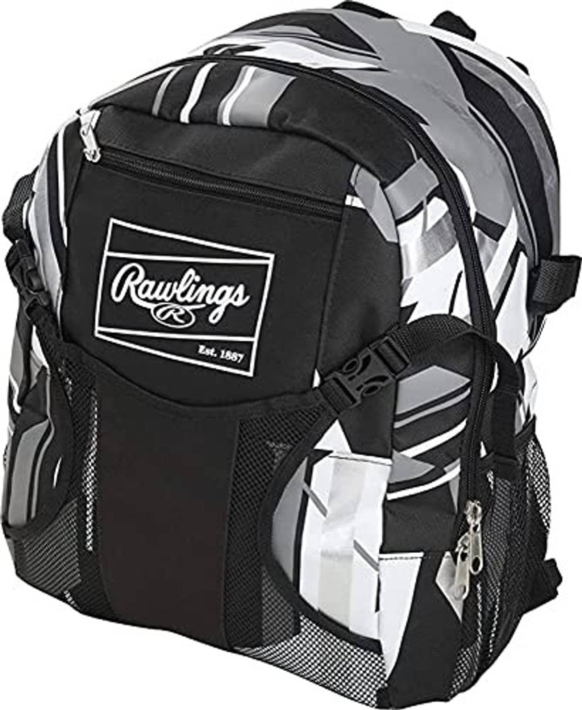 Baseball equipment backpack with black top and black-and-white geometric sides, front logo patch.