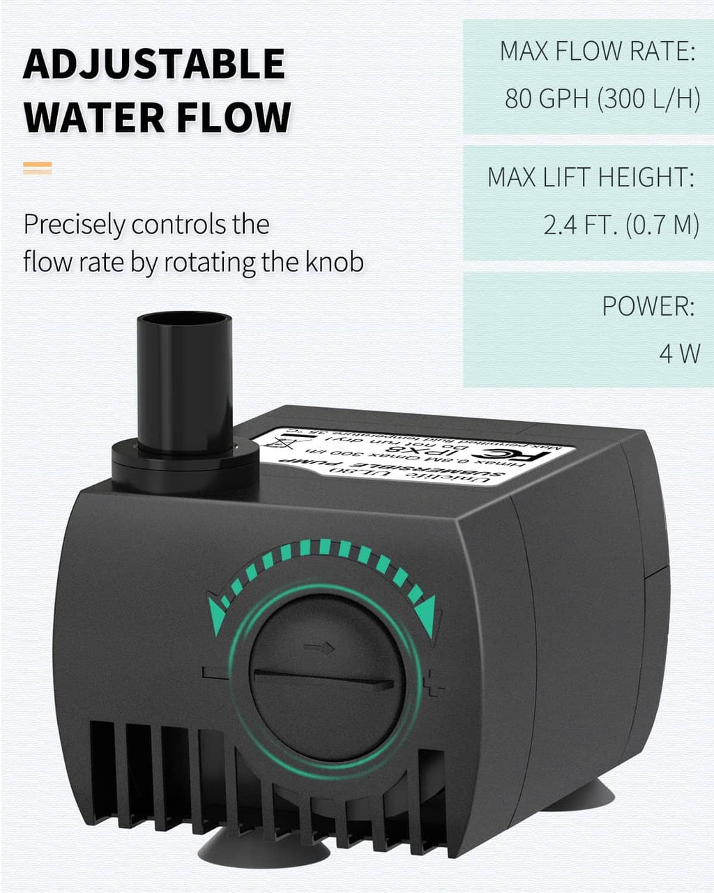 Black submersible pump with adjustable flow knob and top outlet connection