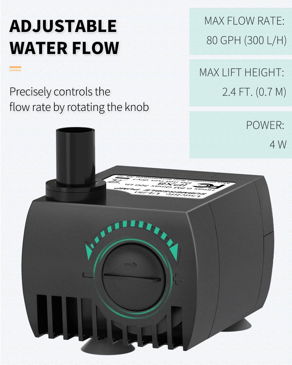 Black submersible pump with adjustable flow knob and top outlet connection