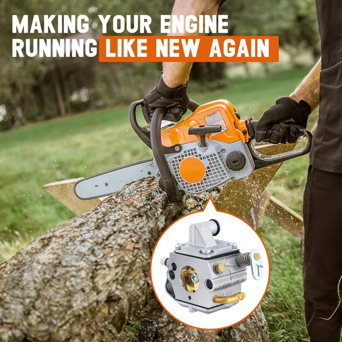 Carburetor unit shown on an orange chainsaw, metal housing and intake