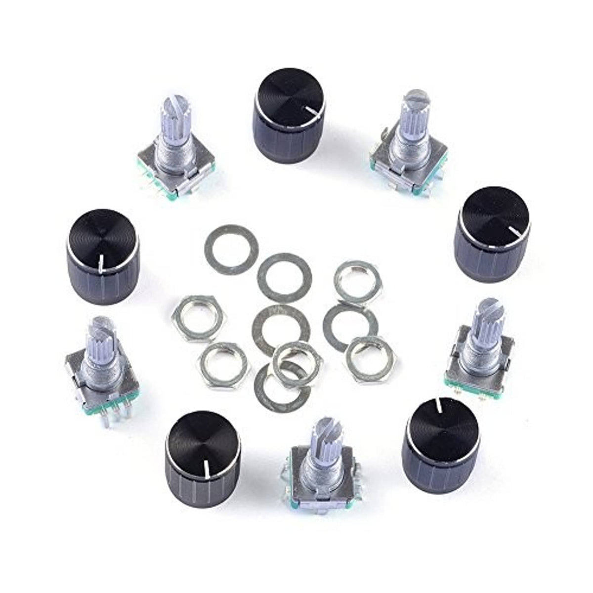 Rotary encoder code switch potentiometer set with black knobs and mounting rings.
