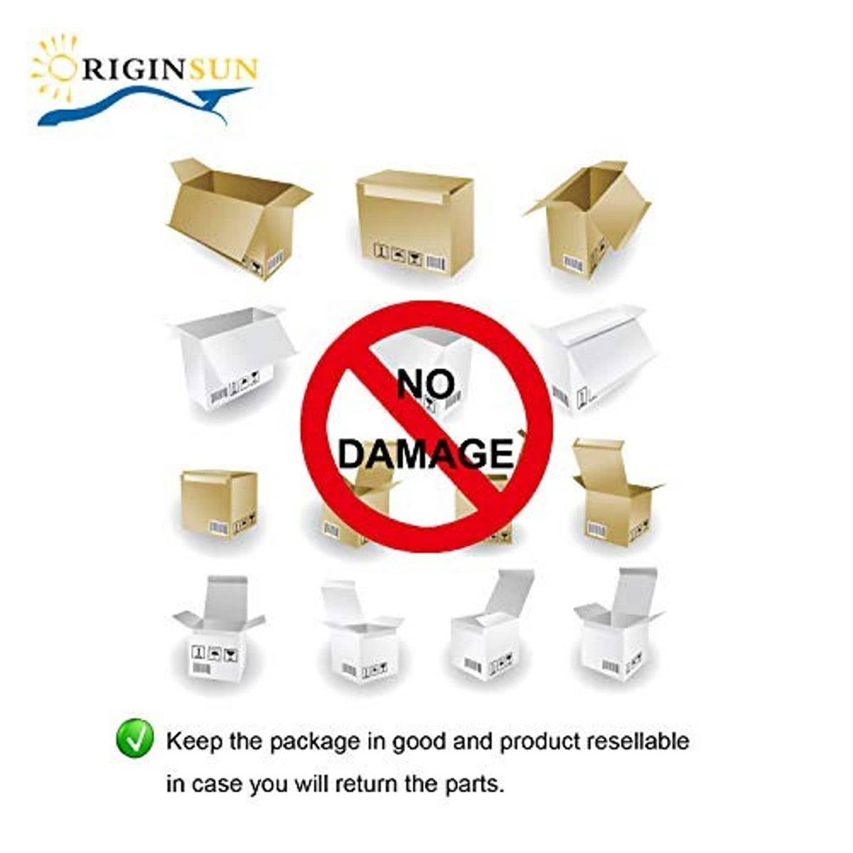 Shipping notice graphic with boxes and a no-damage statement